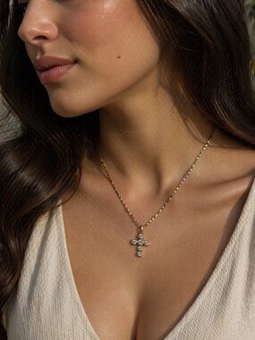 Gold Cross Pendant Necklace with Crystal Accents - Women's Jewelry